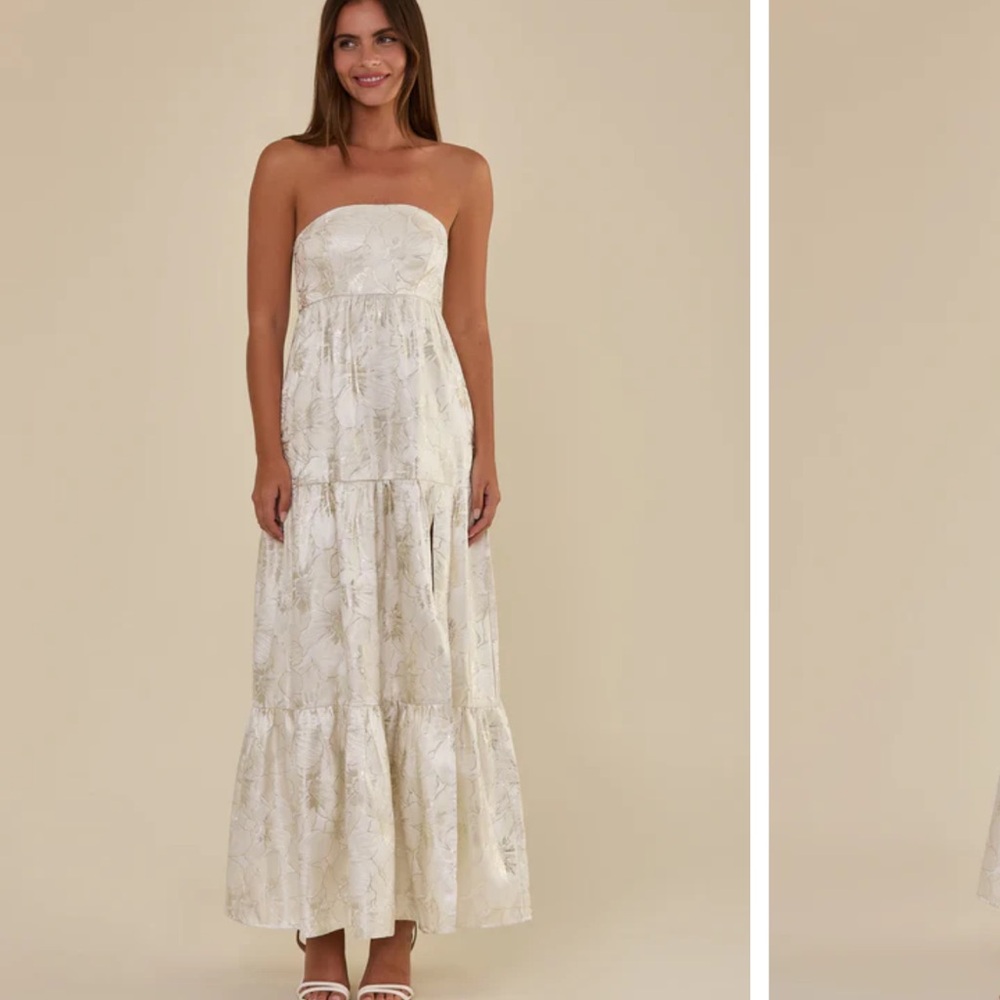 Floral Jacquard Ivory Strapless Maxi Dress
